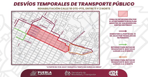 Garantizan servicio de transporte público por obras en el Centro Histórico en Puebla