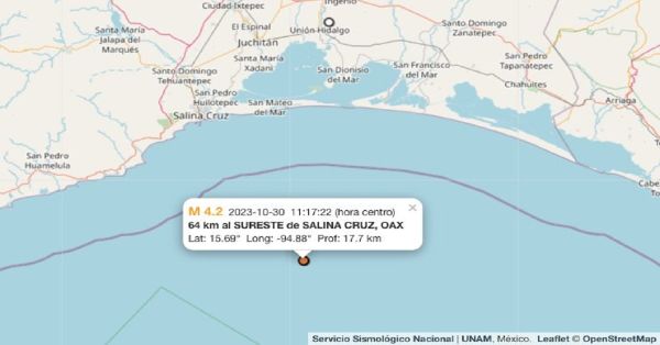 Reportan temblor de 4.2 en Salina Cruz, Oaxaca