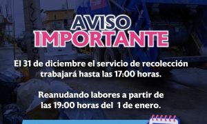 Modifican horarios de recolección de basura el 31 de diciembre y 1 de enero