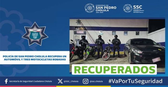 Recuperan en San Pedro Cholula un automóvil y tres motocicletas con reporte de robo