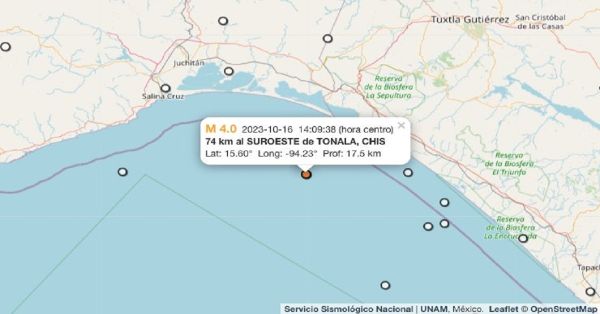 Reporta RSSN temblor en Tonalá, Chiapas, de magnitud 4.0