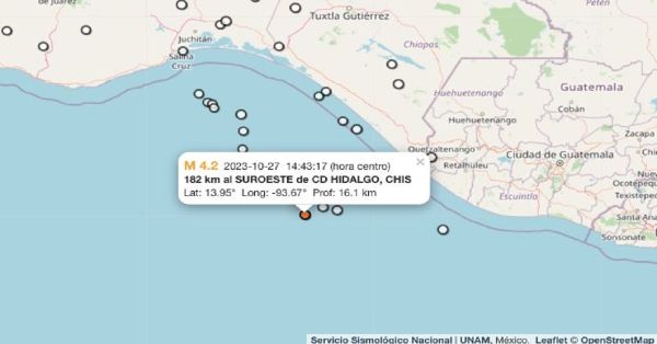 Reportan temblor de 4.2 en Ciudad Hidalgo, Chiapas