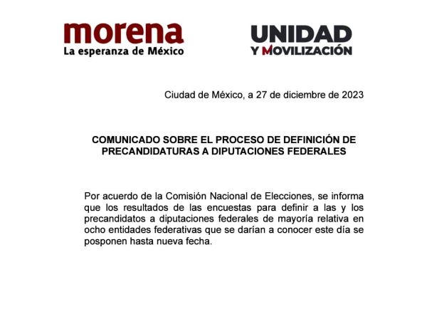 Pospone Morena definición de candidaturas a diputados federales
