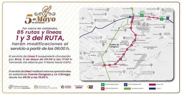 Modificarán recorridos por desfile del 5 de Mayo, transporte público y RUTA
