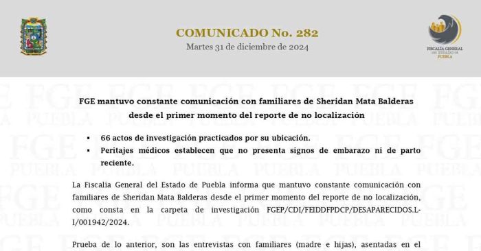Concluye FGE: Sheridan Mata no presenta signos de embarazo