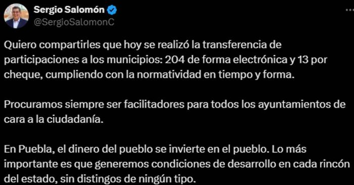 Transfieren participaciones a municipios de Puebla, confirma Sergio Salom&oacute;n