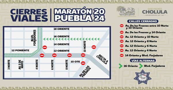Toma en cuenta los cierres viales en San Pedro Cholula por Maratón Puebla 2024