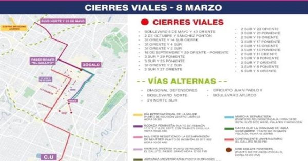Conoce los cierres viales en Puebla capital por marchas del 8M