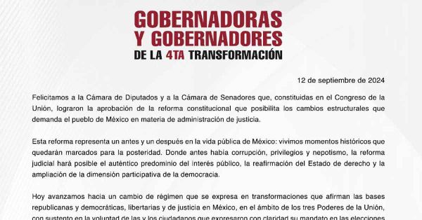 Felicitan gobernadores de Morena a diputados y senadores por la Reforma Judicial