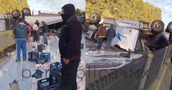 Vuelca camión de leche en la México-Puebla