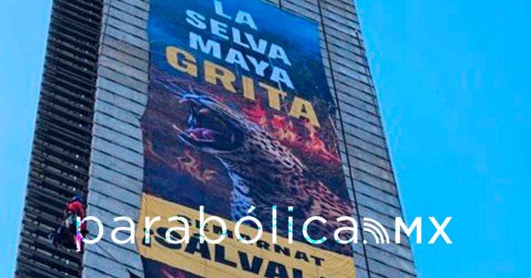 Protesta Greenpeace M&eacute;xico en la Estela de Luz para pedir protecci&oacute;n a la Selva Maya