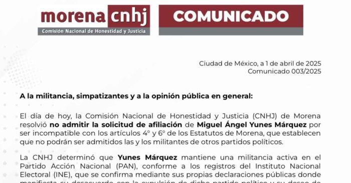 Rechaza Morena solicitud de afiliación de Yunes Márquez; tras ser retirada