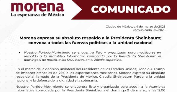 Llama Morena a cerrar filas con Sheinbaum por medidas arancelarias