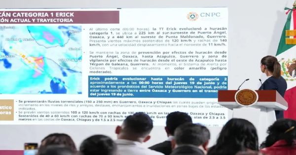 Tocar&aacute; &lsquo;Erick&rsquo; tierra las primeras horas de este jueves: Claudia Sheinbaum