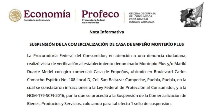 Suspenden Casa de Empeño Montepio Plus en Puebla