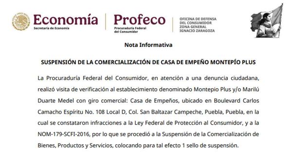 Suspenden Casa de Empe&ntilde;o Montepio Plus en Puebla