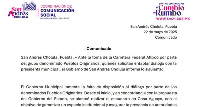 Lamenta gobierno de Lupita Cuautle falta de disposición por bloqueo en la federal Atlixco