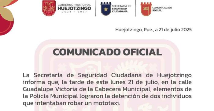 Detienen policías de Huejotzingo a dos presuntos ladrones de un mototaxi