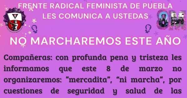 Descarta Frente Feminista Radical de Puebla marchar el 8M