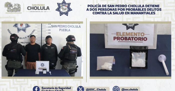 Detiene polic&iacute;a de San Pedro Cholula a dos personas por probables delitos contra la salud